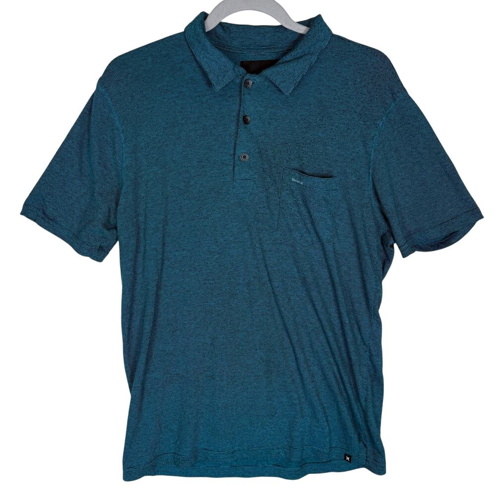 Hurley Polo Shirt Mens Medium Teal Striped Pockets Short Sleeve‎ Performance